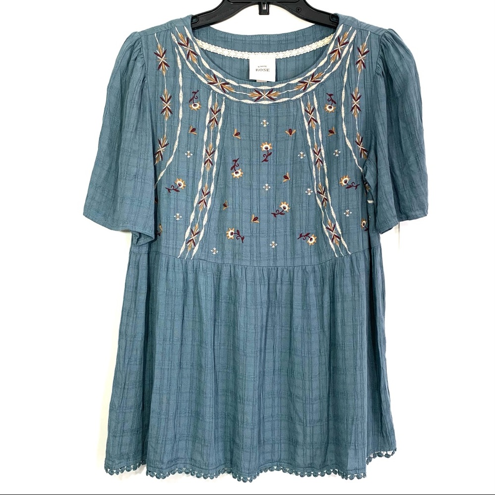 NWOT Knox Rose Women’s Blue Boho Embroidered Short Sleeve Crochet Top